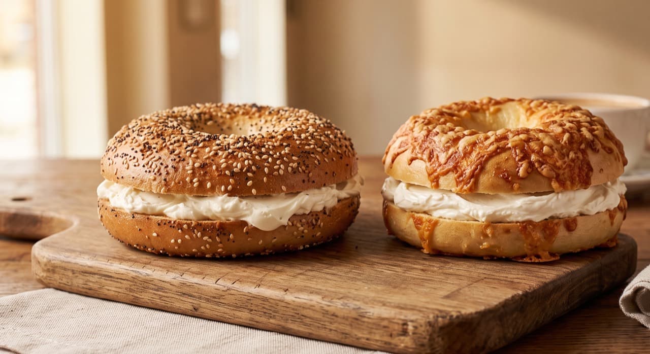 Bagel with cream cheese at Duffers Donuts