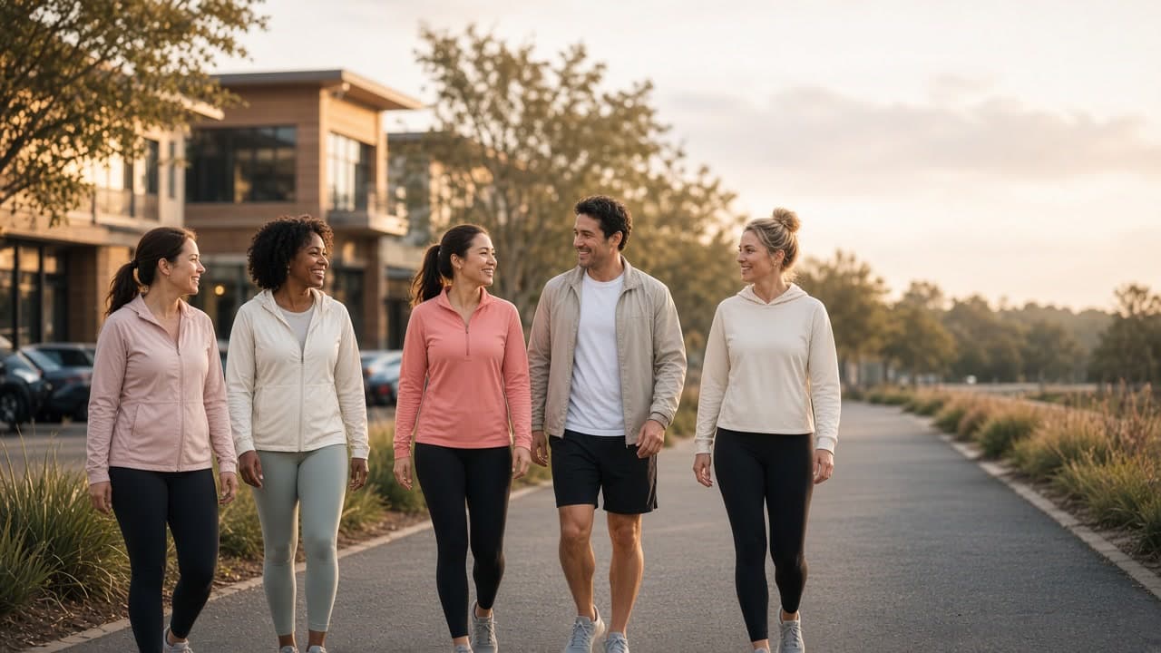 Neighbors walking together for Morning Walk Club at Duffers.